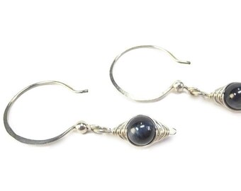 Blue Tiger Eye and Sterling Silver Wire-Wrapped Herringbone Hoop Earrings
