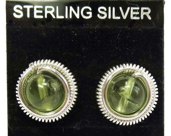 Natural Peridot Gemstone & Sterling Silver Coiled Stud Post Earrings