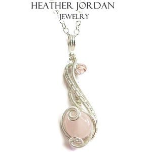 Rose Quartz Wire-Wrapped Necklace in Sterling Silver with Swarovski Crystal; "Mini-Coriolis" Pendant