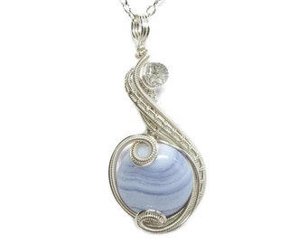 Blue Lace Agate Wire-Wrapped Pendant Woven in Sterling Silver with Swarovski Crystal - bridal jewelry