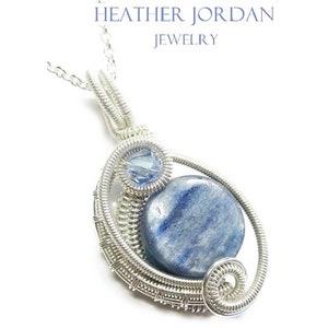 Blue Kyanite Wire-Wrapped Pendant in Sterling Silver with Swarovski Crystal, "Mini-Woven Circle" Model
