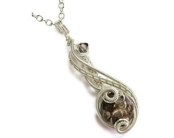 Turritella Agate Pendant in Sterling Silver, Wire Wrap