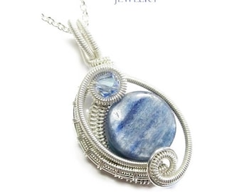 Blue Kyanite Wire-Wrapped Pendant in Sterling Silver with Swarovski Crystal, &quot;Mini-Woven Circle&quot; Model