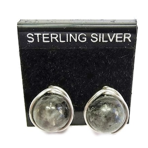 Larvikite and Sterling Silver Herringbone-Topped Wire-Wrapped Post Earrings image 2