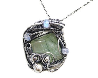 Prehnite & Rainbow Moonstone Pendant Necklace, Wire-Wrapped in Sterling Silver