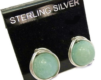 Amazonite and Sterling Silver Herringbone-Topped Wire-Wrapped Post Earrings