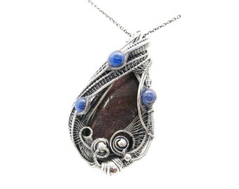 Dinosaur Bone Fossil & Blue Kyanite Wire-Wrapped Pendant in Sterling Silver