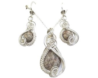 Crinoid Fossil Necklace & Earrings Set in Sterling Silver