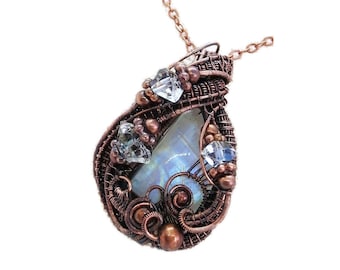 Rainbow Moonstone Pendant with Herkimer Diamonds in Bronze