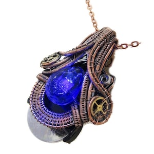 Steampunk Resin Gem Pendant with Light in Deep Blue, Wire-Wrapped in Bronze
