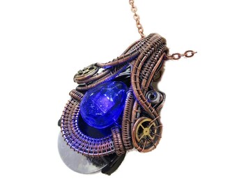 Steampunk Resin Gem Pendant with Light in Deep Blue, Wire-Wrapped in Bronze