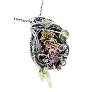 Bismuth Crystal Wire-Wrapped Pendant with UV-Reactive Glass in Sterling Silver