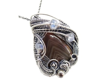 Lake Superior Agate Pendant with Rainbow Moonstone in Sterling Silver