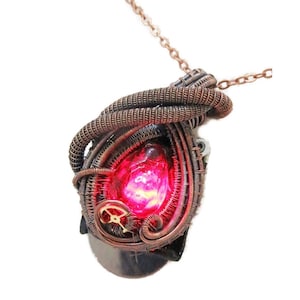 Steampunk Resin Gem Pendant with Light in Crimson, Wire-Wrapped in Bronze
