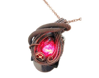 Steampunk Resin Gem Pendant with Light in Crimson, Wire-Wrapped in Bronze