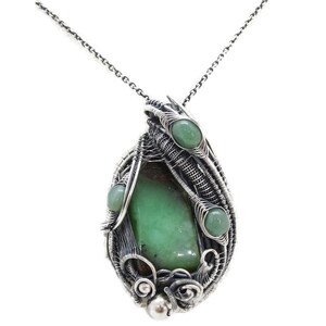 Australian Chrysoprase Wire-Wrapped Necklace in Sterling Silver with Aventurine