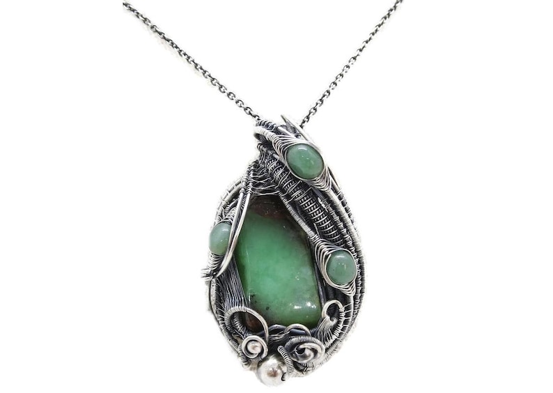 Australian Chrysoprase Wire-Wrapped Necklace in Sterling Silver with Aventurine