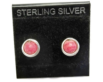 Rhodochrosite Post Earrings, Wire-Wrapped in Sterling Silver