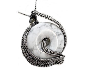 Howlite Woven Donut Pendant  with Labradorite and Moonstone- Sterling Silver Wire-Wrapped Necklace Jewelry