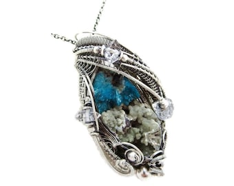 Cavansite in Stilbite Druzy Pendant, Wire-Wrapped in Sterling Silver with Herkimer Diamonds