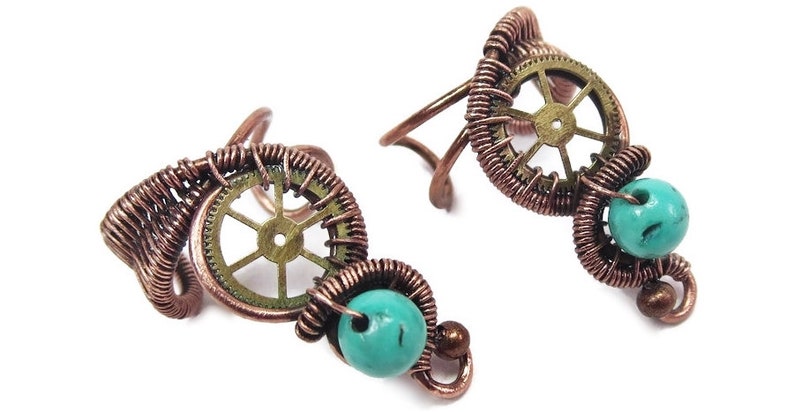 Turquoise and Bronze Steampunk Ear Cuff; Non-pierced Earring