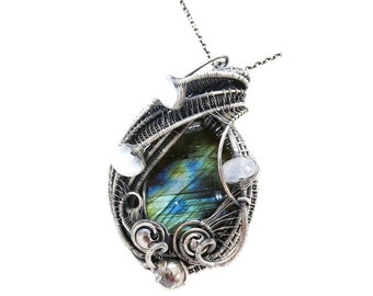 Labradorite & Rainbow Moonstone Pendant in Sterling Silver