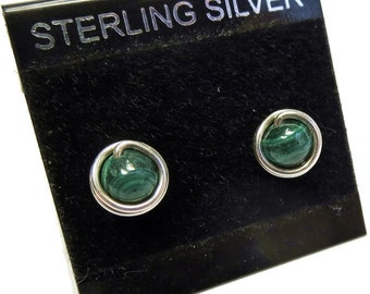 Malachite and Sterling Silver Wire-Wrapped Stud Post Earrings