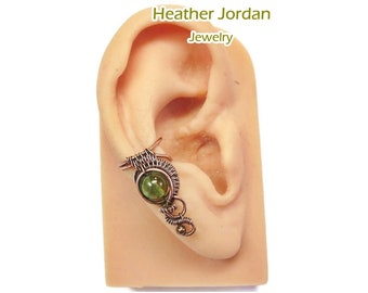 Peridot and Copper Woven Wire Ear Cuff; "Woven Bezel" Non-pierced Earring