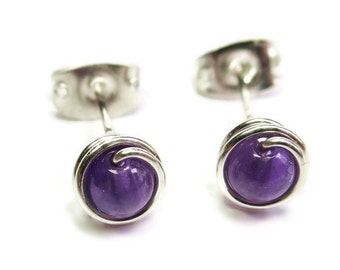 Amethyst and Sterling Silver Wire-Wrapped Stud Post Earrings