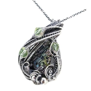 Bismuth Crystal Pendant with UV-Reactive Glass, Sterling Silver Wire Wrap