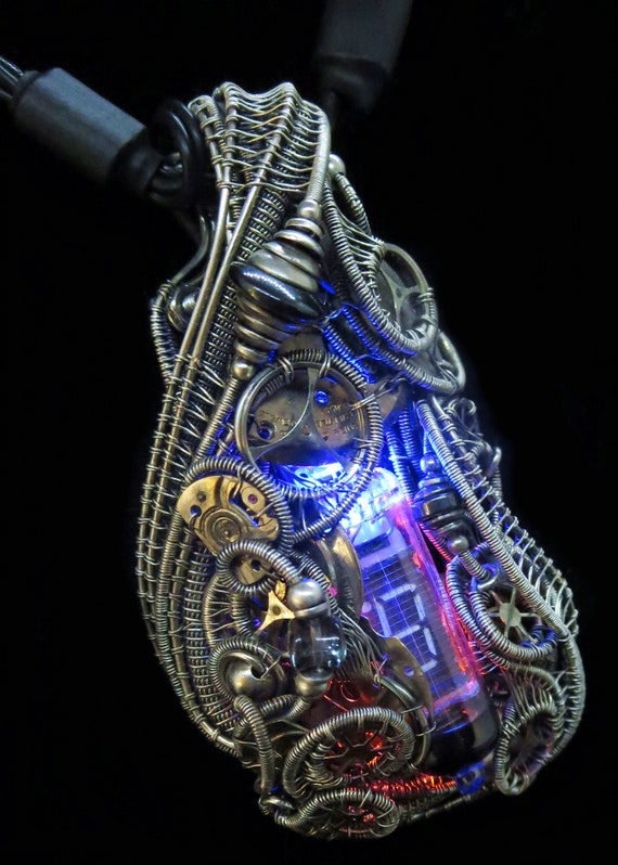 Nixie Tube Necklace with Upcycled Electronic and Watch Parts, Steampunk/Cyberpunk Fusion, Blue-Orange Lights