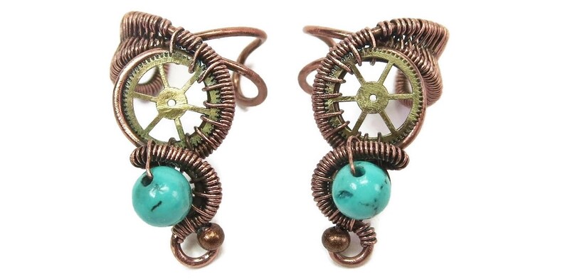 Turquoise and Bronze Steampunk Ear Cuff; Non-pierced Earring