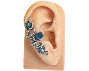 Coiled-Coil Teardrop Blue Apatite & Oxidized Sterling Silver Ear Cuff
