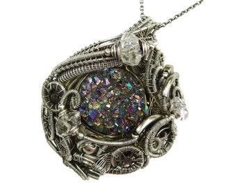 Sunshine Titanium Quartz Druzy Steampunk Pendant with Herkimer Diamonds