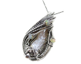 White Pearl Pendant with Ethiopian Opals, Wire-Wrapped in Sterling Silver