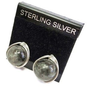 Larvikite and Sterling Silver Herringbone-Topped Wire-Wrapped Post Earrings image 3