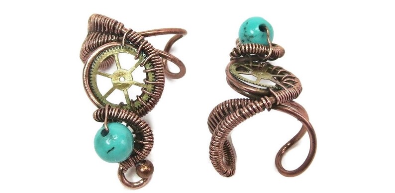 Turquoise and Bronze Steampunk Ear Cuff; Non-pierced Earring