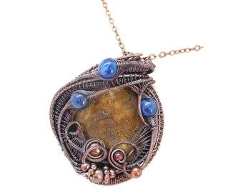 Petrified Wood and Blue Kyanite Wire-Wrapped Pendant Necklace in Bronze