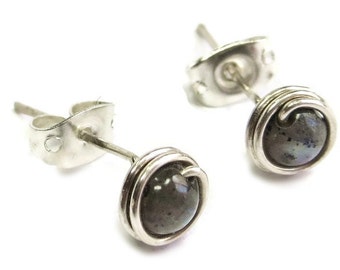 Larvikite and Sterling Silver Wire-Wrapped Stud Post Earrings