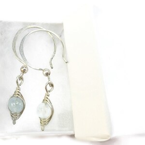 Aquamarine and Sterling Silver Wire-Wrapped Herringbone Hoop Earrings