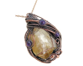 Citrine Crystal Wire Wrapped Pendant Necklace with Amethyst in Bronze