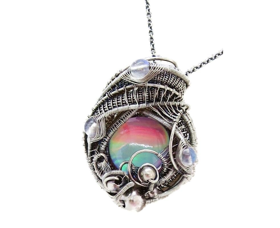 Aurora Opal Wire-Wrapped Pendant in Sterling Silver with Rainbow Moonstone