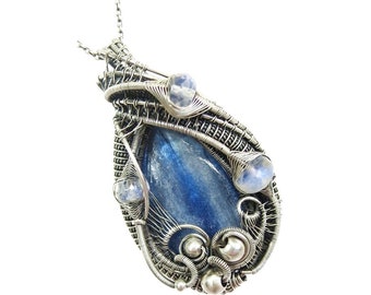 Blue Kyanite & Rainbow Moonstone Pendant