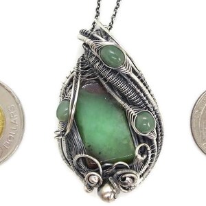 Australian Chrysoprase Wire-Wrapped Pendant in Sterling Silver with Aventurine, with coins to show scale