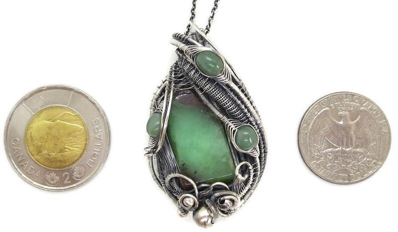 Australian Chrysoprase Wire-Wrapped Pendant in Sterling Silver with Aventurine, with coins to show scale
