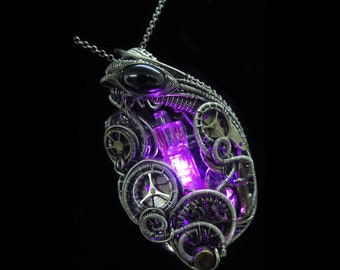 Pink Light Nixie Tube Pendant with Upcycled Electronic and Watch Parts, Steampunk/Cyberpunk Fusion