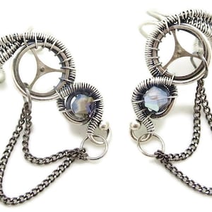 Pair of Steampunk Ear Cuffs with Chain and Crystal in Sterling Silver Wire