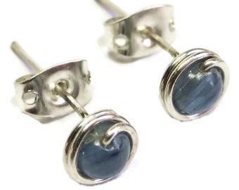 Kyanite and Sterling Silver Wire-Wrapped Post Stud Earrings