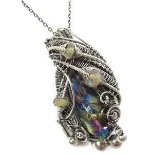 Sunshine Titanium Quartz Crystal Pendant with Ethiopian Welo Opals, Wire Wrap