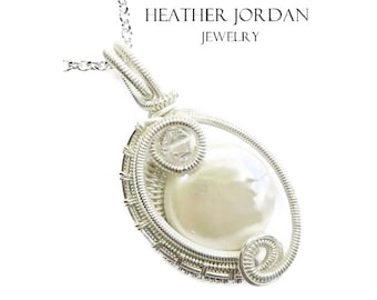 Elegant Freshwater Pearl Pendant: Sterling Silver Wire-Wrapped with Swarovski Crystal Mini-Woven Circle